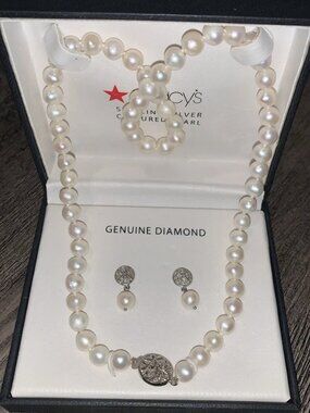 Macy's Sterling Silver Cultured Pearl Necklace & Earrings NWT with box